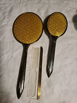 3 Piece Vintage Vanity Brush Comb Mirror Set Gold Tone Yellow Scroll Design • $16.48