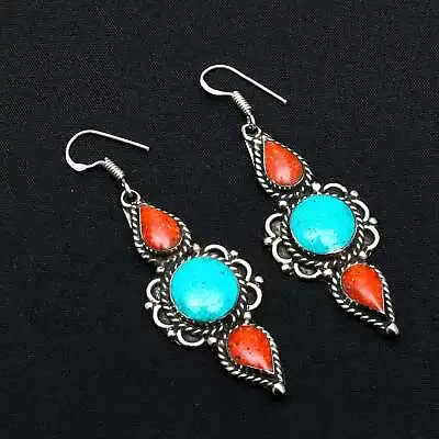 Tibetan Turquoise Coral Handmade Drop Dangle Earrings Jewelry 2.48  AE-8242 • $3.99