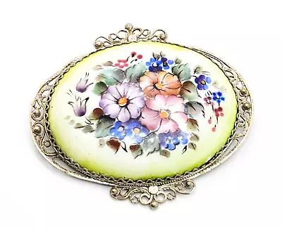 Rostov Finift Russian Painted Enamel Flower Sterling Silver Vintage Brooch • $37.80