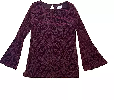 ECI New York Top Shirt Red Blouse Floral Velvet Woman Size Small Long Sleeve • $18.99