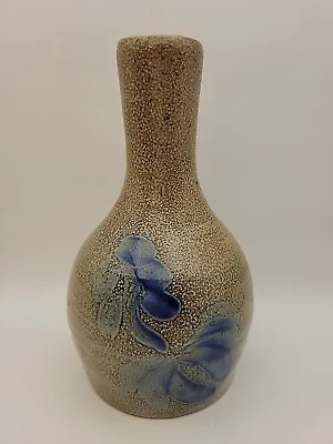 Vintage 1978 Salt Glazed  Stoneware Tan Cobalt Blue Pottery Vase Signed • $12.50