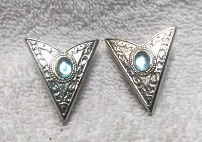 Large Silver Engraved Collar Tips Blue Rhinestone Center Great Vintage Condition • $24.99