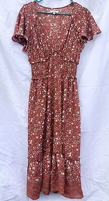 Max Mara Maxi Dress Medium Brown Floral Flutter Sleeve Pin-tuck Waist  • $10.50