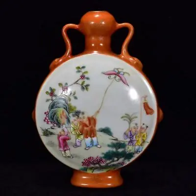 Chinese Antique Qing Dynasty QianLong Alum Red Porcelain Figure Flat Vase • $0.99