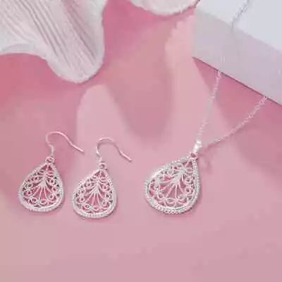 Pendant Necklace Earring Set 925 Sterling Silver Elegant Water Drop Necklace • $6.59