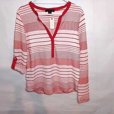 $19.95 • Buy Sanctuary Top M Anthropologie Crinkle Embroidered Striped Henley Roll Tab Sleeve