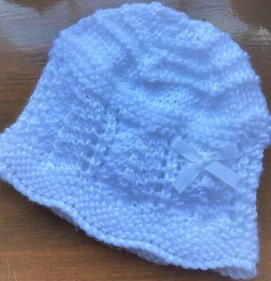 Newborn Baby Beanie. White. Boy Or Girl Baby. Hand-knitted By Me. White Bow • $7.99