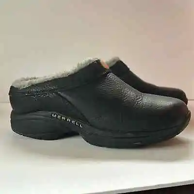 Merrell Womens Primo Chill Slide Black Leather Faux Fur Lined Clogs/Mule 5.5 • $25