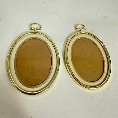Vintage Pair Of 2 Gold Hanging Picture Frames Oval Convex Domed Glass 3x4 -HLBN • $20