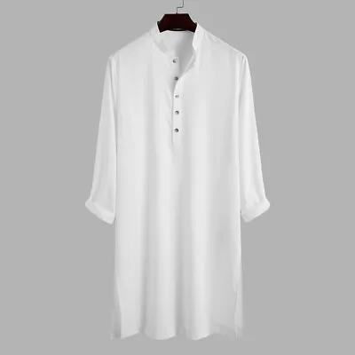 Indian Mens Kurta Shirt Short Kaftan Dress Long Sleeve Ethnic Tunic T Shirt Tops • £11.68