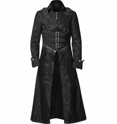 Man's Steampunk Gothic Black Long Leather Trench Coat - Fast Shipping • $114