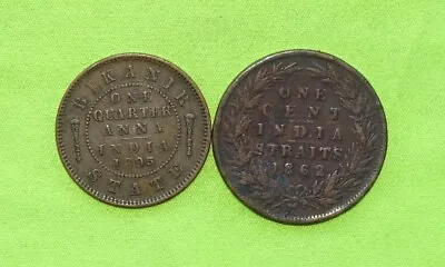 1862 1 Cent Malaysia INDIA STRAITS / 1895 BIKANIR STATE 1/4 Anna Coins • £79.99