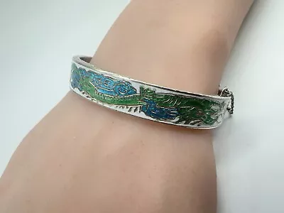 VTG Chinese Sterling Enameled Dragon & Phoenix Hinged Bangle Bracelet 20.3g #pa • $95