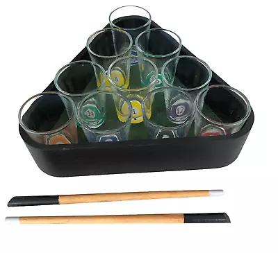 Vintage  Billiard Ball  Shot Glass Set Of 10 With  Rack  Caddy And 2 Cue Sticks • $25