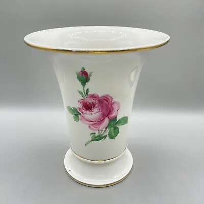Antique Signed Meissen Porcelain Trumpet Vase Pink Roses Gilded Bands 7.5  Rare • $219.99