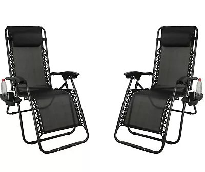 Set Of 2 Black Sun Lounger Garden Chairs With Cup Phone Holder Grade B Used • £49.99