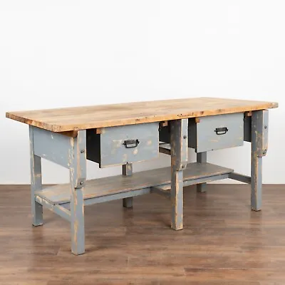 Large Blue Rustic Work Table Kitchen Island With Two Drawers And Shelf Circa 18 • $3600