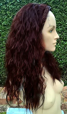 Dark Wine Red Wavy Curly Frizzy Puffy 3/4 Half Head Long Hair Wig Fancydress • £6.95