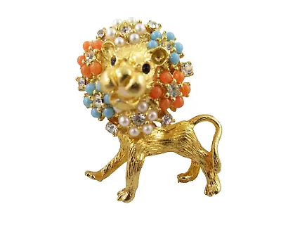 Vintage Lion Gold Tone Brooch Blue Coral White Color Stones 1-1/8  • $39