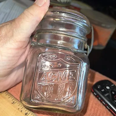 Vintage Acme Canning Jar 5” With Glass And Wire Lid. Pint?? • $7