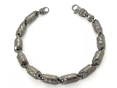 CAL Sterling Silver Blacken Darkened Bullet Baht Bar 8' Mm Hollow Chain Bracelet • $34.99