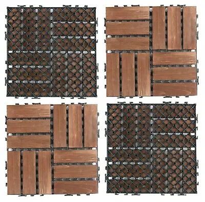 10 X WOODEN DECK DECKING TILES INTERLOCKING GARDEN FLOOR TILES BALCONY PATIO • £29.95