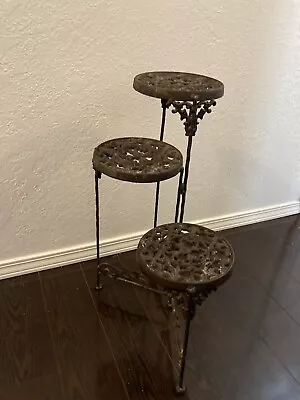 Vintage Heavy Iron 3 Tier Foldable Adjustable Ornate Hinged Plant Stand 23.5 In • $276