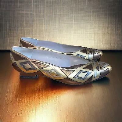 Vintage Margaret Jerrold 7 Gold Art Deco Leather Heels Pumps • $34