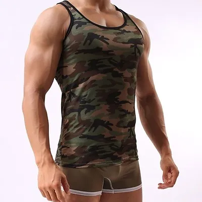 Men Fitness Clothing Sleeveless Sportswear Camouflage Vest BodyBuilding Tank Top • £7.99