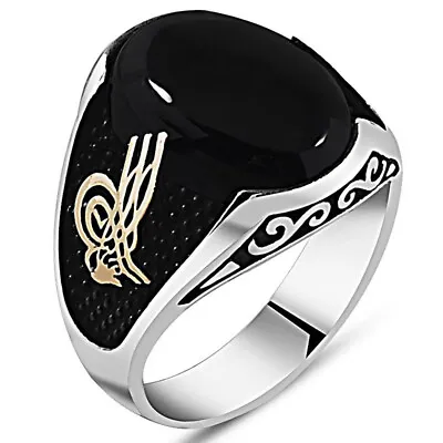 925 Sterling Silver Sultan Tughra Oval Onyx Stone Men's Ring • $39.90