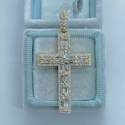 3Ct Baguette Cut Real Moissanite Cross Pendant 14K Yellow Gold Plated Free Chain • $105.29