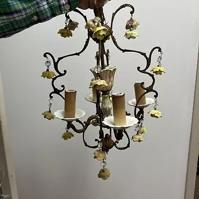 Vintage Capodimonte Italian Spanish Brass Rose Porcelain Chandelier 4 Light Lamp • $32.90