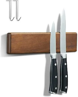 10'' Magnetic Knife Strip Acacia Wood Holder Rack Magnet Bar With 2 Hooks [AAAA] • $18.99