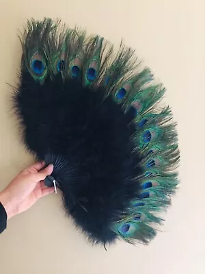 25x15 Peacock Eye Feather Hand Fan Black Marabou • $19.99