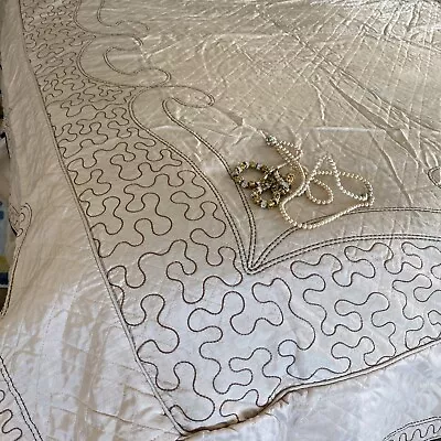 Vintage Peach Quilted Cotton Brown Embroidered Ruffle Hollywood Bedspread Twin • $65