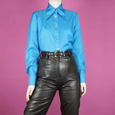 VINTAGE 80s 70s Mod Womens Psychedelic Blue Dagger Blouse Shirt Top Medium 12 • £18.50