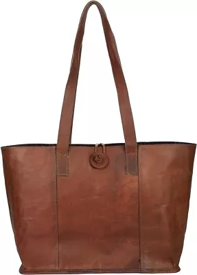 Large Brown Vintage Leather Tote Handbag Shopper Purse Long Handles Shoulder Bag • $59.56