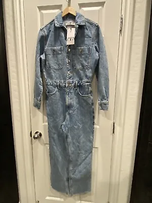 Women’s Zara Long Sleeve Denim Jumpsuit Size M New Acid Wash Coverall Jumper • $49.88