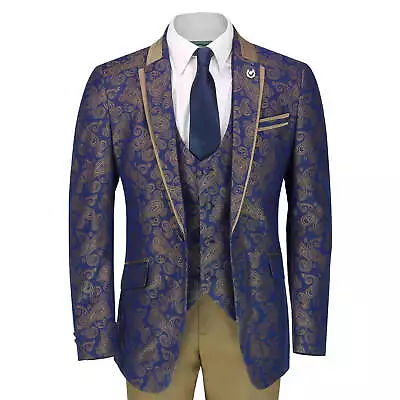 Mens Grooms 3 Piece Wedding Suit Gold Paisley Print On Navy Classic Tailored Fit • £109.99