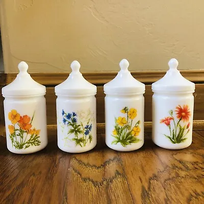 Vtg France Milk Glass Vanity Apothecary Jar Set Of 4 Dome Lids Florals 6  • $49.95