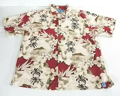 $14.99 • Buy Bermuda Bay Tropical Floral Palm Tree Boat Silk Hawaiian Shirt Men XL Red Beige