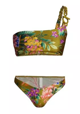 Zimmermann Tropicana Asymmetrical Bikini | One Shoulder Low Rise Khaki Floral • $149.99