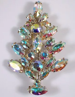 RARE Vtg 1970s Eisenberg Ice Signed AB Rhinestone Christmas Tree Pin Brooch • $85