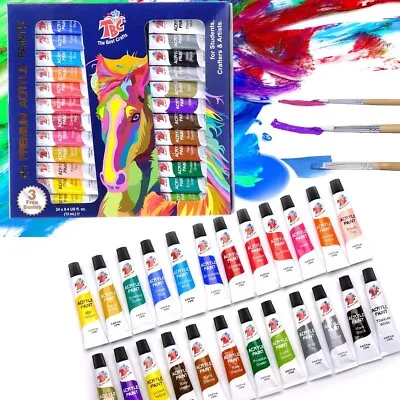 Acrylic Paint Set Tube 24 X 12ml Perfect For CanvasWoodCeramic 3 Free Brushes • £6.95