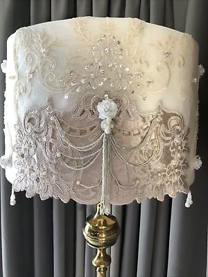 A Traditional Victorian Downton Abbey Ivory Lace Pearl Tassel Lampshade 20IN50CM • £140