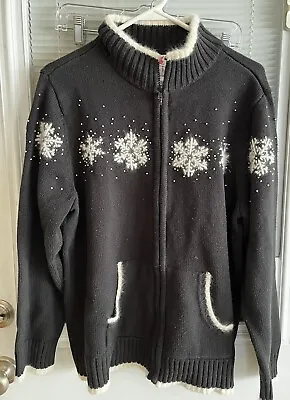Quacker Factory Sweater Full Zip Cardigan Snowflakes Beaded Embroidery Sz L & XL • $35