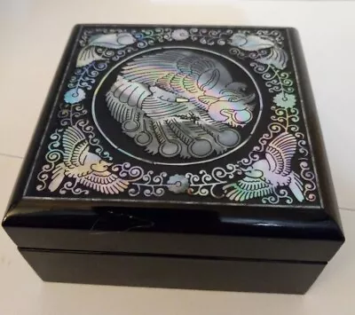 Trinket Box Black Heavy Melamine Abalone Shell Look Lid W Oriental Dragon.  • $7.99