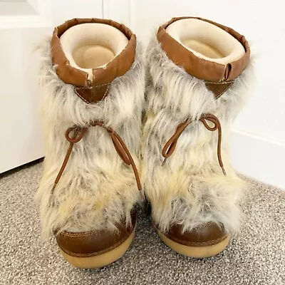 Modes Vintage Tall Fur Lace Up Moon Boots Apres Ski Vtg Brown Leather Size EU 37 • $194.88