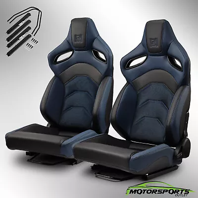 Universal Reclinable PVC Racing Seats Car Seat Full Set W/Sliders Black-Blue • $396.98
