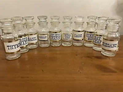 Set Of 10 Vintage Apothecary Spice Jars Bottles Herbs Clear Glass Stoppers Japan • $22.74